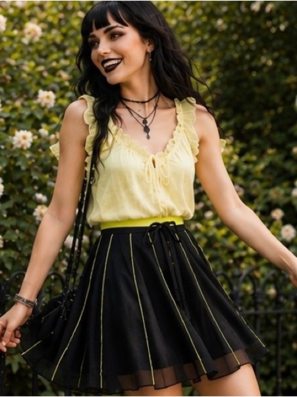 WD.NY Black Trim Whimsigoth Fairy Grunge Y2K Sheer Lined Skater Skirt Chartreuse